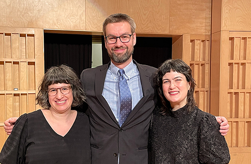 Hannah Levinson, me, and Maya Bennardo after the premiere of Timepieces for violin and viola.